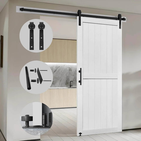 36x84 Inch MDF Barn Door Kit With 6.6 Ft Sliding Hardware, in a modern interior, white PVC surface with smooth glide track system