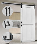 28 Inch By 84 Inch MDF Barn Door With Five Foot Sliding Hardware Kit Waterproof PVC Surface Easy Assembly Solid Slab For Space Saving Modern Interior For Home Offices And Living Rooms installed view