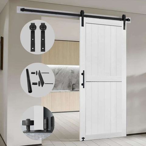28 Inch By 84 Inch MDF Barn Door With Five Foot Sliding Hardware Kit Waterproof PVC Surface Easy Assembly Solid Slab For Space Saving Modern Interior For Home Offices And Living Rooms installed view