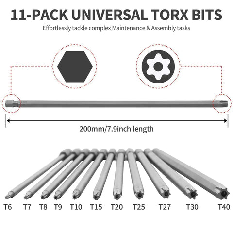 Heavy Duty Extra Long Torx Bit Set That Cranks Down Tight Junk Like A Champ S2 Steel Security Driver Bits Magnetic Hex Shank T6 To T40, 11-pack.