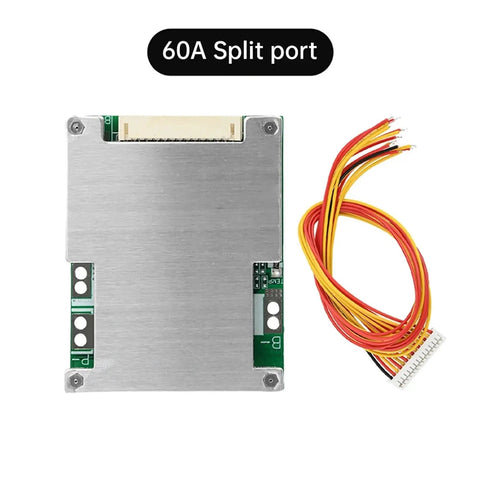 Built Tough 13S 48V BMS Board For 18650 Lithium Packs With Straight Up Reliable Passive Balancer And Chill Temp Guard Handling Up To 60 Amps, split port view.