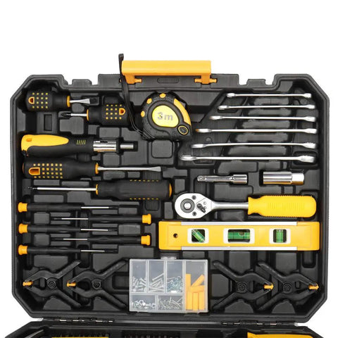 198 Piece Household Tool Kit With Plastic Toolbox, Pro Grade Chrome Finish Tools For Homeowners And DIY Enthusiasts