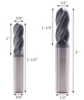 Front view: two AlTiN-coated solid carbide ball-nose end mills, 3/8" and 1/2" diameters, 4-flute, 2.5" and 3" long