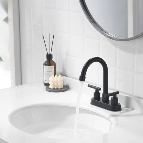 Bathroom with Matte Black Two Handle Bathroom Faucet for 4 Inch Centerset Sinks with Pop Up Drain and Water Supply Lines.