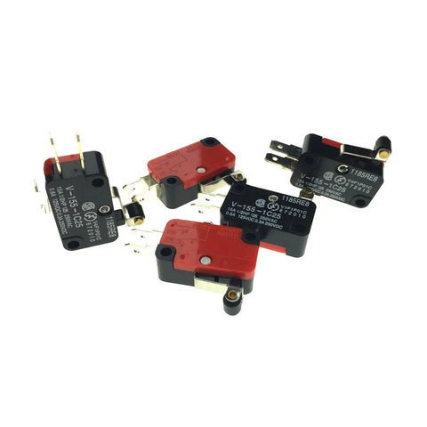 Micro Limit Switch With Short Roller Lever Arm SPDT Snap Action, 15A 250VAC, 1NO 1NC, 38x28x10mm, Plastic And Metal Housing, Red And Black