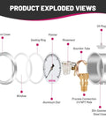 Exploded view of Glycerin Filled Pressure Gauge 2 Inch Dial 304 Stainless Steel Case showing components and assembly details.