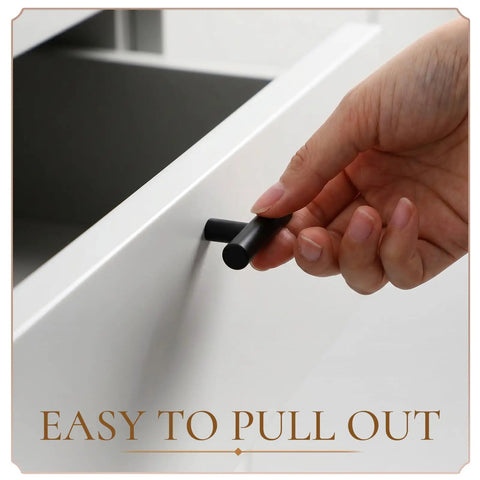 Hand pulling a drawer with a 100 Pack Bulk Matte Black Stainless Steel Cabinet Knobs With Single Hole T Bar Handles For Easy Swap.