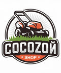 Logo of COCОZОЙ SHOP featuring an orange lawn mower with green grass elements on a circular design.