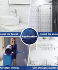 Two vacuum-brazed diamond hole saw bits for porcelain tile; 6mm, 5/8-11 thread; shown in bathroom application collage.