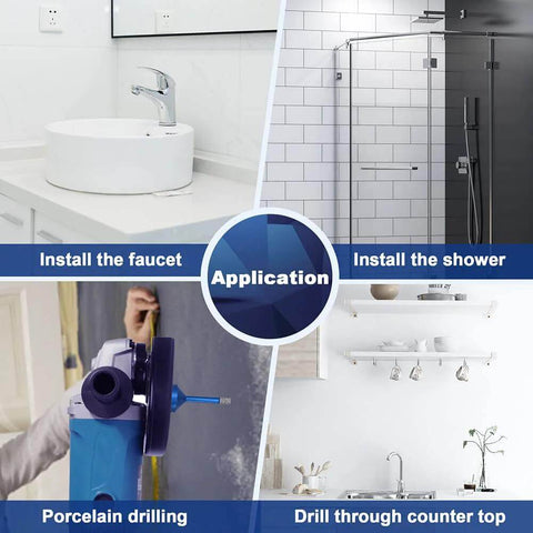 Two vacuum-brazed diamond hole saw bits for porcelain tile; 6mm, 5/8-11 thread; shown in bathroom application collage.