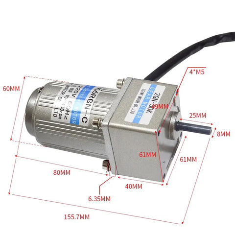 Workhorse Industrial High Torque 110V AC Gear Motor with variable speed, 12 RPM, showing dimensions and wiring