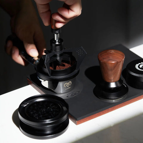 Level Up Your Daily Brew Game With This Dope 10 Needle Espresso WDT Distribution Tool And Rotary Dosing Funnel in use with wooden handle.