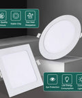 8 in IC Rated Recessed Ceiling Light, 18W 1260LM Slim Flat Panel LED Downlight shown in round and square designs.