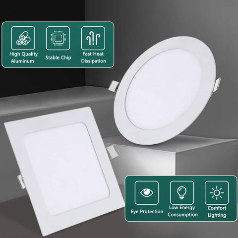 8 in IC Rated Recessed Ceiling Light, 18W 1260LM Slim Flat Panel LED Downlight shown in round and square designs.
