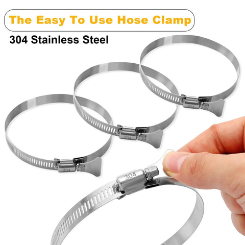 Close-up of 304 stainless steel hose clamps, part of the Clear PVC Dust Collection Hose 4 Inch Diameter 15 Feet Long Flexible Tube Kit