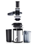 Heavy Duty Stainless Steel Juicer With Extra Wide Mouth For Smooth Extraction And No Pomace Or Pulp Leftovers parts displayed separately.