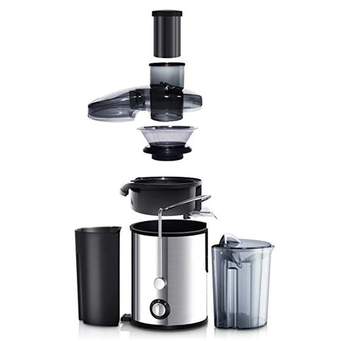 Heavy Duty Stainless Steel Juicer With Extra Wide Mouth For Smooth Extraction And No Pomace Or Pulp Leftovers parts displayed separately.
