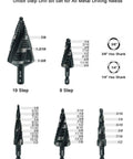 Four Spiral Flute Step Drill Bit Set From Eighth Inch To One And Three Eighths Inch Five Pieces HSS Unibits With Quick Change Hex Shanks
