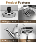 Stovetop 2 Quart Tea Kettle With Whistle in 18/8 Stainless Steel, featuring whistling lid, filter spout, dust-proof cover, large caliber.