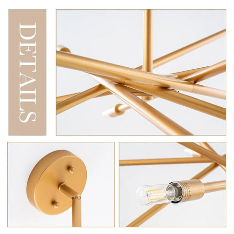 Detail view of Mid Century Modern 6 Light Chandelier with Adjustable Arms in Antique Brass Brush Finish Pendant Lighting.
