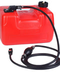 Red three-gallon portable marine storage tank with leak resistant design for boating and outdoor power equipment I-shaped handle