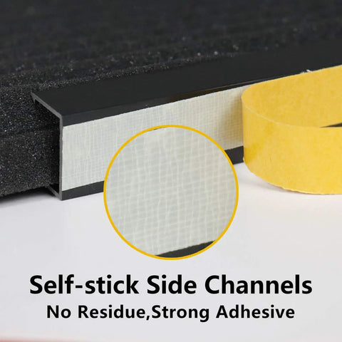 Close-up of self-stick adhesive on Window Air Conditioner Foam Insulation Panels Kit Two Pack Black Seventeen Inch High Nine Inch Wide Seven Eighths Inch Thick Universal Fit For Most Window Units Seals Out Dust Pollen Insects Heat And Drafts Keeps Your Room Cool 5000 To 22000 BTU.