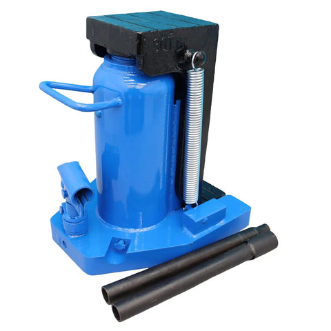 Heavy Duty Workhorse Air Hydraulic Toe Jack 15 To 30 Ton Lift Capacity Garage Ready For Auto Repair And Shop Tasks No Fuss Operation Rock Solid Grip And Fast Action Blue with lift handle and rubber feet.