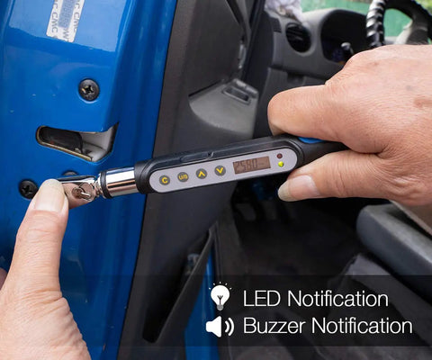 Bit-Head Digital Torque Wrench With 1/4 Inch Drive Adaptor showing LED and buzzer notifications in use on door hinge