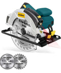 Enventor 7-1/4 in circular saw with laser guide, blue body, 10A motor, includes 40T/24T blades