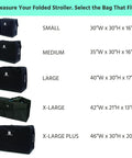 Universal Stroller Travel Bag For Air Travel - Small to X-Large Plus size options with dimensions listed for each size.