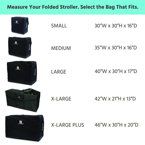 Universal Stroller Travel Bag For Air Travel - Small to X-Large Plus size options with dimensions listed for each size.