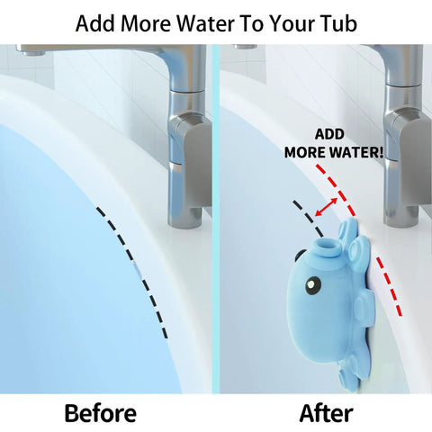 Image comparing bathtub water levels before and after using Heavy Duty Silicone Bathtub Overflow Drain Cover With Ironclad Suction Cups.