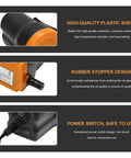 Rugged 12 Volt 60 Watt Electric Oil Extractor Pump With Flexible Suction Hose and Clamps showing high-quality plastic shell and power switch.