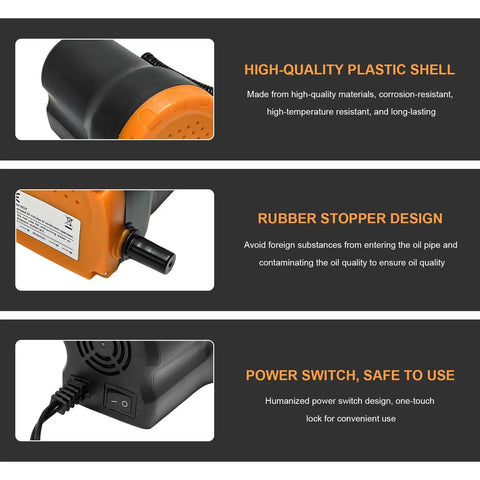 Rugged 12 Volt 60 Watt Electric Oil Extractor Pump With Flexible Suction Hose and Clamps showing high-quality plastic shell and power switch.