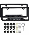 Premium Black Aluminum License Plate Frame Set 2 Pack 4 Hole No Fuss Metal Build Waterproof Anti Corrosion Matte Finish Includes Screw Caps Cover Easy Install Fits Range Rover and Most Vehicles displayed with included accessories.
