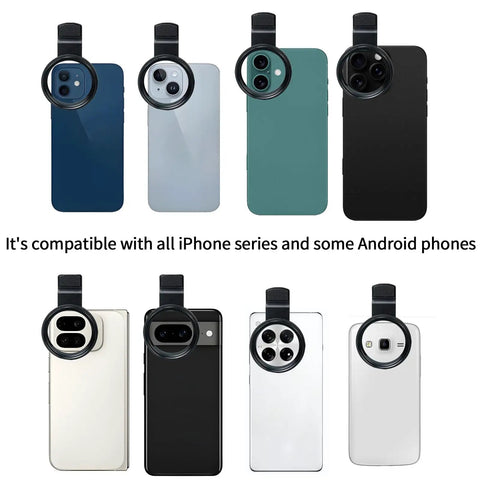 52mm CPL Filter For Phone And DSLR Cameras, Pro Grade Circular Polarizer With Universal Clip shown on various iPhones and Androids