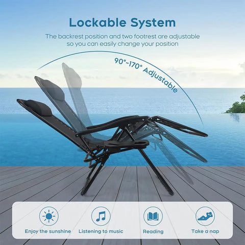 Zero Gravity Outdoor Lounge Chairs Set of 2 With Cup Holders and Removable Pillows showing adjustable recline positions on deck.