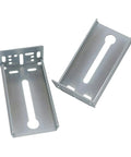Rear mounting drawer slide brackets; two silver metal brackets with elongated slots for 1.77-inch width.
