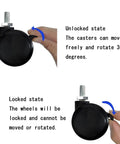 Heavy Duty Replacement Office Chair Wheels With Roll Like Butter Polyurethane Tires, Universal 2 Inch 10 Mm Stem Casters in unlocked and locked states.