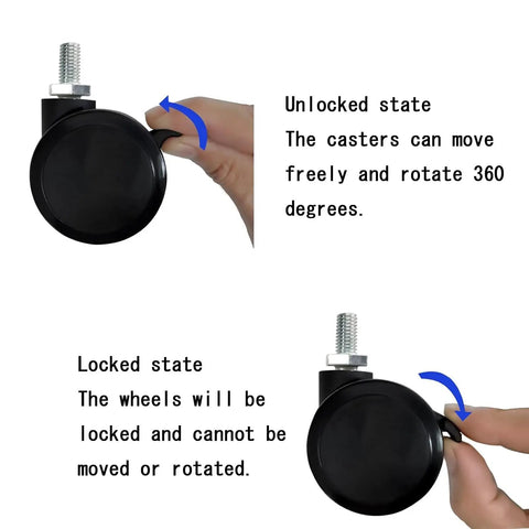 Heavy Duty Replacement Office Chair Wheels With Roll Like Butter Polyurethane Tires, Universal 2 Inch 10 Mm Stem Casters in unlocked and locked states.
