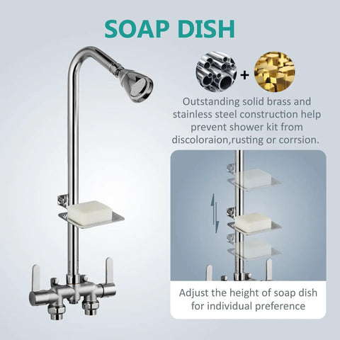 Outdoor Shower Kit With Brass Valve And Shower Head 3 Inch Center Exposed Shower With Two Handles Soap Dish Stainless Steel Pipe Polished Chrome Corrosion Resistant Build For Poolside Yard Or Beach House