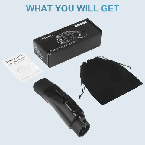 Tesla To J1772 Charging Adapter Connector, Max 60 Amp 250 Volt Electric Vehicle Converter with instructions and carry pouch.
