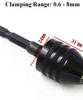 Mini Drill Chuck Adapter Keyless Quick Release One Quarter Hex Shank with clamping range 0.6-8mm, lightweight design for easy use.