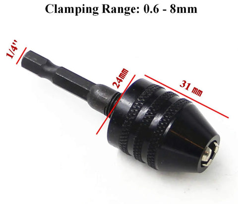 Mini Drill Chuck Adapter Keyless Quick Release One Quarter Hex Shank with clamping range 0.6-8mm, lightweight design for easy use.