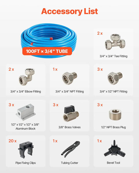 Heavy Duty Pro Grade 300 Foot Air Compressor Line Kit With Three Quarter Inch HDPE Aluminum HDPE Three Layer Tubing For Garages And Workshops Leak Proof Pressure Resistant Easy To Install accessory list