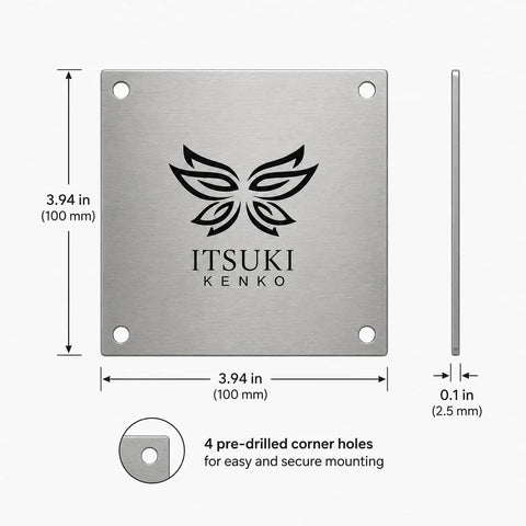 4-Hole Metal Mounting Plate For Heavy-Duty Furniture Repair And Cabinet Reinforcement Pre-Drilled Connector Plate For Panels And Wood Flat Plate With Corner Holes 3.94 X 3.94 In 1 Pack, showing dimensions and pre-drilled holes.