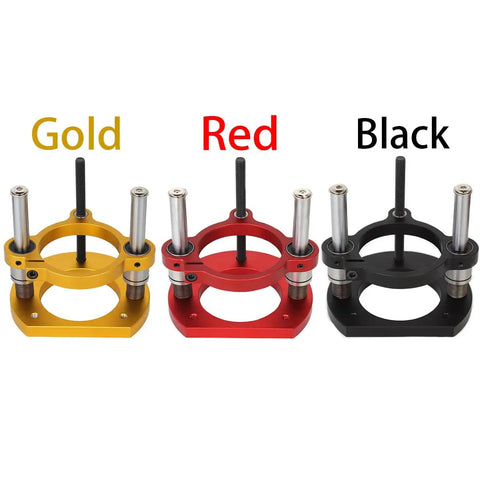 Heavy Duty Aluminum Router Lift Plate With 65Mm Bore Dead Simple Fit For Trimmers in gold, red and black colors.