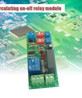 Infinite Cycle Delay Timer Relay Switch with adjustable run and stop timers, visible circuit board and components on green background.