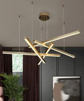 Geometric Linear LED Pendant Light Featuring Sleek Gold Finish Dimmable 3 Color Options Abstract Hanging Design Ideal For Kitchen Island Or Living Room, adjustable length in modern home setting.
