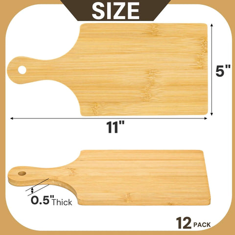 Bamboo cutting board with handle, 11x5 inches, 0.5 inch thick, 12-pack set.